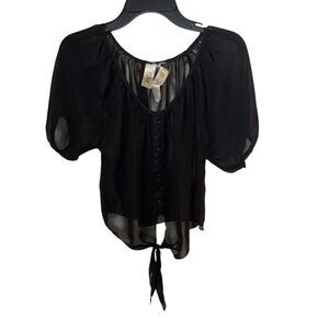 L8ter Black Sheer Cover Crop Top Front Tie Whimsical Romantic Goth Style